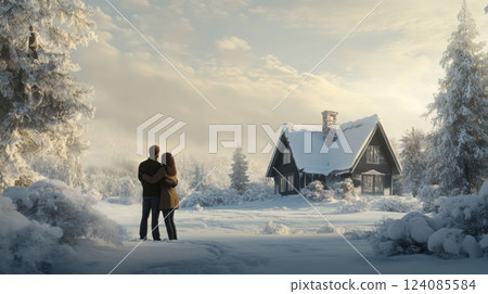 A couple stands embracing in a snowy landscape, gazing at a charming cabin nestled among tall, frosted trees. The tranquil scene captures the beauty of winter in a serene setting. 124085584