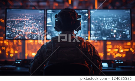 A military operator is seated in a command center, concentrating on several screens displaying vital data and images of a city at night. The room is illuminated with ambient orange light. A military operator is seated in a command center, concentrating on several screens displaying vital data and images of a city at night. The room is illuminated with ambient orange light. 124085585