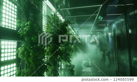 A green, mist-filled hallway with LED lights, lit from behind the greenery. A green, mist-filled hallway with LED lights, lit from behind the greenery. 124085599
