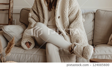 A woman relaxes on a light-colored sofa, wearing a soft, beige outerwear and matching loungewear, exuding comfort and warmth in a cozy indoor environment. A woman relaxes on a light-colored sofa, wearing a soft, beige outerwear and matching loungewear, exuding comfort and warmth in a cozy indoor environment. 124085600