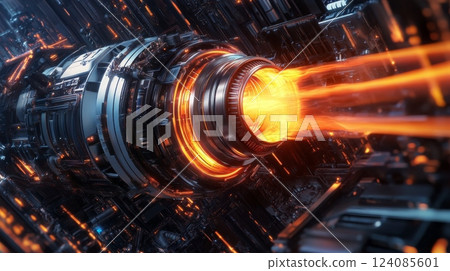A vibrant energy core emits bright orange beams within a complex high-tech setting A vibrant energy core emits bright orange beams within a complex high-tech setting 124085601