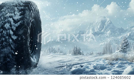 A massive tire rolls through a snow-covered terrain with distant mountains towering in the background. Soft snowflakes fall gently, creating a serene winter atmosphere under cloudy skies. 124085602