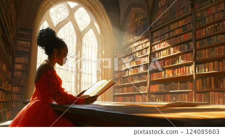 In a grand library with tall bookshelves, a young woman in a red dress sits at a wooden table, immersed in a large book as sunlight streams through stained glass windows. 124085603