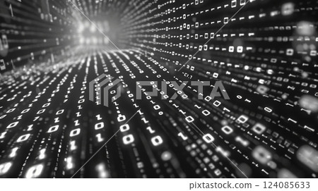 A digital tunnel composed of binary code stretches into the distance, creating an abstract background. 124085633