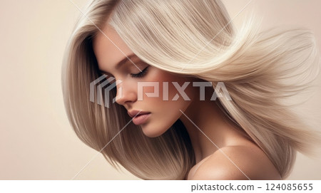 A graceful woman with long, blonde hair tilts her head slightly, showcasing her hair's movement and shine against a soft background. 124085655