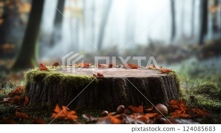 A serene forest setting shows a moss-covered stump at the center, adorned with vibrant autumn leaves. Soft mist envelops the trees, enhancing the peaceful atmosphere of the woodland. 124085683