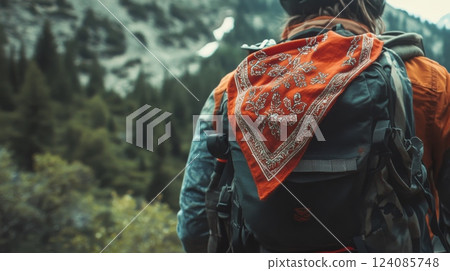 A hiker enjoys a trek through a vibrant mountain forest, wearing a colorful bandana tied to their backpack, surrounded by tall trees and rocky terrain. 124085748