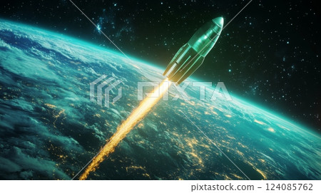A rocket ascends from Earth, emitting bright flames as it breaks through the atmosphere, leaving a vibrant trail 124085762