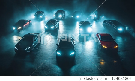 A collection of stylish cars illuminated by headlights, arranged in a foggy urban setting during nighttime. 124085805