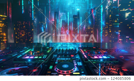 A DJ mixer sits in the foreground, with a brightly lit neon city skyline in the background. 124085806