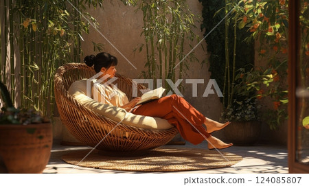 A woman with short black hair sits in a wicker chair, her legs stretched out and feet crossed, reading a book while enjoying the sun in a garden with lush greenery. 124085807