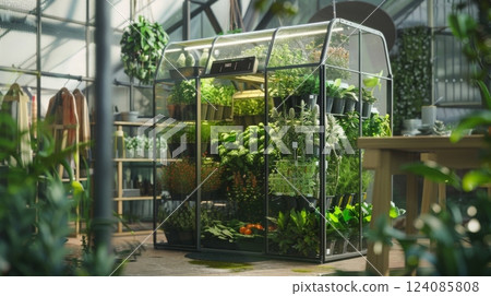 A modern glass greenhouse sits in a home, filled with various plants and herbs. A modern glass greenhouse sits in a home, filled with various plants and herbs. 124085808