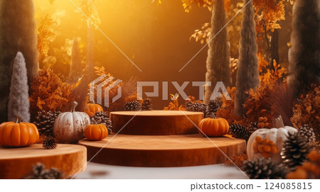 The sun casts a warm glow over a serene forest setting featuring steps surrounded by vibrant autumn leaves 124085815