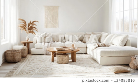A large, white sectional sofa sits in the center of a spacious living room. The sofa is decorated with a soft blanket and several plush pillows 124085816