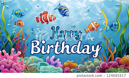 A vibrant underwater landscape features tropical fish swimming among colorful corals, celebrating a birthday with a cheerful message. 124085817