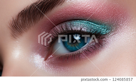 A close-up view showcases stunning eye makeup with shades of pink and green, emphasizing long eyelashes and striking blue eyes, perfect for a glamorous event or makeup showcase. 124085857