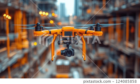 A bright orange drone is seen flying at a construction site, equipped with a camera, capturing images of the building progress in an urban area. 124085858