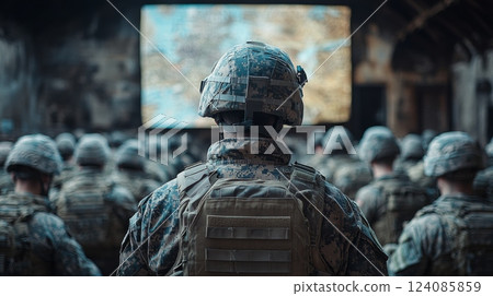 A group of uniformed soldiers attentively listens to a briefing, focused on a large screen that outlines mission strategies in a darkened environment. 124085859