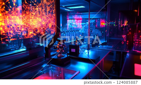 A modern laboratory filled with high-tech equipment illuminated by vibrant digital displays showcasing scientific data 124085887