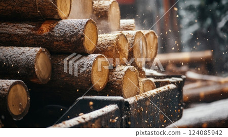 Wooden logs are stacked tightly, with sawdust flying as they are cut in a lumber mill surrounded by snow. 124085942