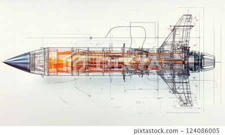 This technical drawing showcases a detailed blueprint of a rocket, revealing its complex structure and engine components. The design emphasizes precision engineering and innovation. This technical drawing showcases a detailed blueprint of a rocket, revealing its complex structure and engine components. The design emphasizes precision engineering and innovation. 124086005