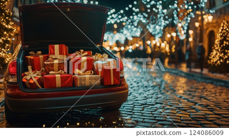 Under a starry night, a car trunk is open, revealing colorful gifts tied with ribbons. The cobblestone street glimmers with holiday lights, creating a warm and inviting atmosphere. 124086009