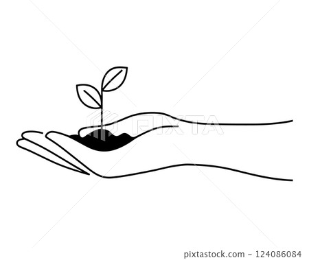 Plant sprout in the hand. hand of nature, cultivating growth and sustainability, Growth concept editable stroke outline icon isolated on transparent background flat vector illustration. 124086084