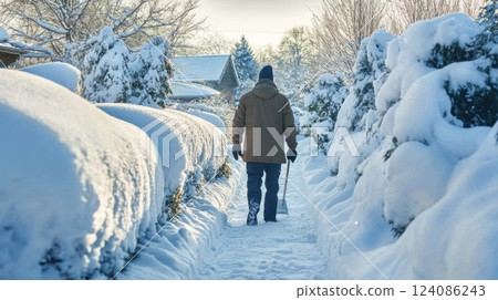 A lone figure dressed warmly walks along a snow-covered path, surrounded by thick snow-laden hedges in a residential area under bright morning light. 124086243