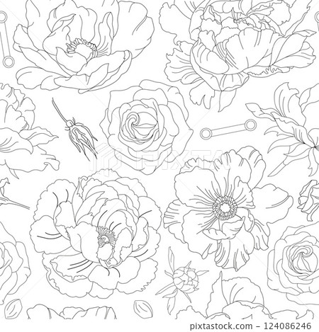 Vector seamless pattern with graphic line art summer flowers 124086246