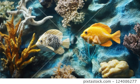 Two bright fish swim gracefully near colorful coral and sea plants, creating a lively underwater atmosphere. 124086277