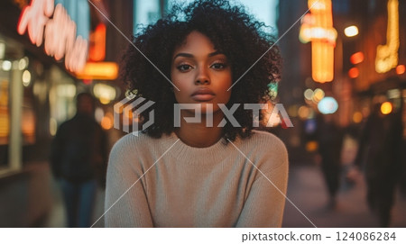A woman with beautiful curly hair stands confidently in a bustling city street filled with colorful lights. The atmosphere at twilight enhances her stylish look against the lively urban backdrop. 124086284