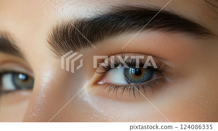 The captivating close-up highlights the striking green eyes and perfectly shaped eyebrows of an individual in natural light The captivating close-up highlights the striking green eyes and perfectly shaped eyebrows of an individual in natural light 124086335