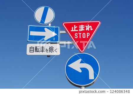 Road sign: Stop, No going in any direction, End of one-way street Road sign: Stop, No going in any direction, End of one-way street 124086348