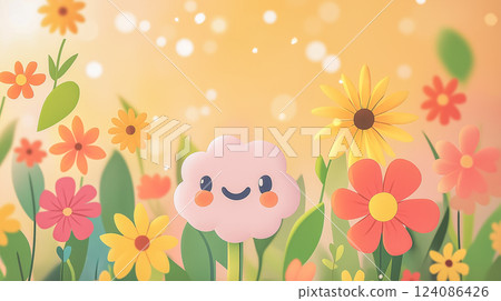 Cheerful cartoon flower character smiles among vibrant blossoms in a colorful garden 124086426