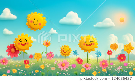 Bright and cheerful sunflowers smile in a vibrant meadow 124086427