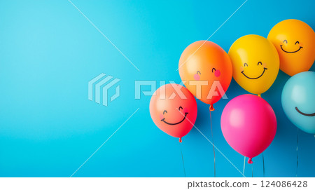 Colorful balloons with smiley faces create a joyful atmosphere against a vibrant blue background 124086428