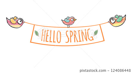 Hello spring label with spring birds and flowers isolated on white transparent background. Hello spring simple cut paper style sticker, label, icon illustration design template Hello spring label with spring birds and flowers isolated on white transparent background. Hello spring simple cut paper style sticker, label, icon illustration design template 124086448