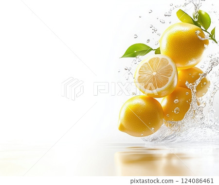 This image shows juicy lemons immersed in water with a splash effect. The fruits look fresh and vibrant, their texture and water droplets add dynamism. 124086461