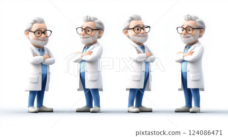 A 3D cartoon-style character of an elderly male doctor wearing a white lab coat and glasses. The character is shown in four different poses, all with a friendly and confident expression.  124086471