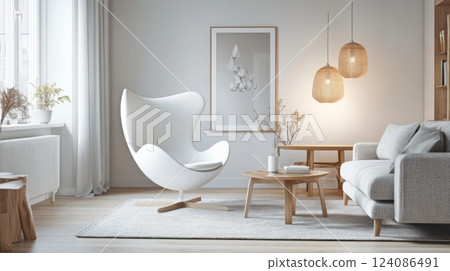 This modern living room showcases a distinctive white chair and warm pendant lights, complemented by minimalist decor that creates a cozy and inviting atmosphere in a bright, airy space. This modern living room showcases a distinctive white chair and warm pendant lights, complemented by minimalist decor that creates a cozy and inviting atmosphere in a bright, airy space. 124086491