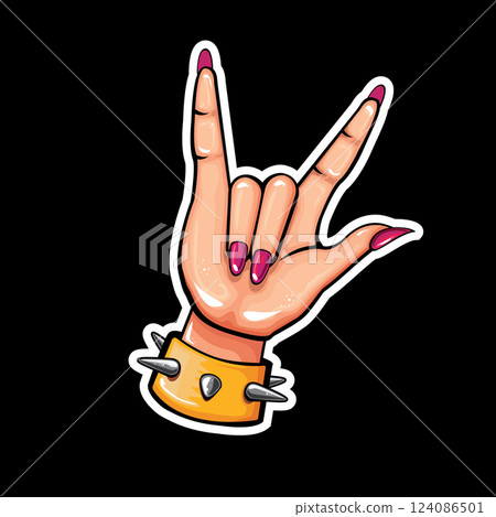 Rock On Hand Gesture Female Hand with Devil Horns Sign, Spiked Bracelet and Pink Nails, Bold Illustration for Music and Rebellion Themes Rock On Hand Gesture Female Hand with Devil Horns Sign, Spiked Bracelet and Pink Nails, Bold Illustration for Music and Rebellion Themes 124086501