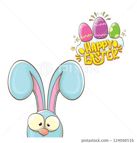 Easter bunny with calligraphic text happy easter isolated on white background. Vector cartoon Happy Easter greeting card and banner with blue rabbits ears Easter bunny with calligraphic text happy easter isolated on white background. Vector cartoon Happy Easter greeting card and banner with blue rabbits ears 124086516