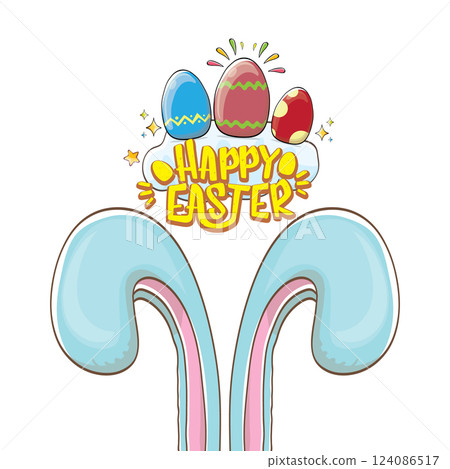 Easter bunny with calligraphic text happy easter isolated on white background. Vector cartoon Happy Easter greeting card and banner with blue rabbits ears Easter bunny with calligraphic text happy easter isolated on white background. Vector cartoon Happy Easter greeting card and banner with blue rabbits ears 124086517