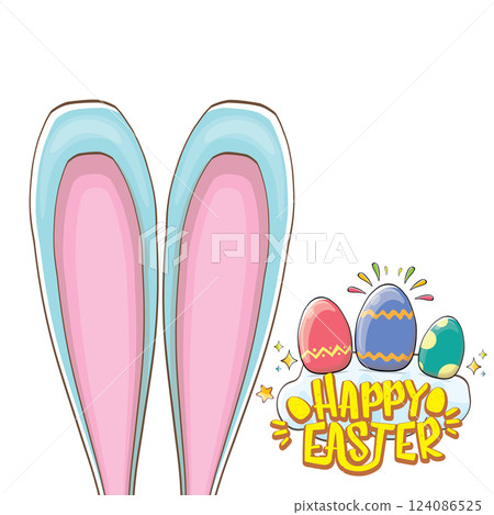 Easter bunny with calligraphic text happy easter isolated on white background. Vector cartoon Happy Easter greeting card and banner with blue rabbits ears Easter bunny with calligraphic text happy easter isolated on white background. Vector cartoon Happy Easter greeting card and banner with blue rabbits ears 124086525