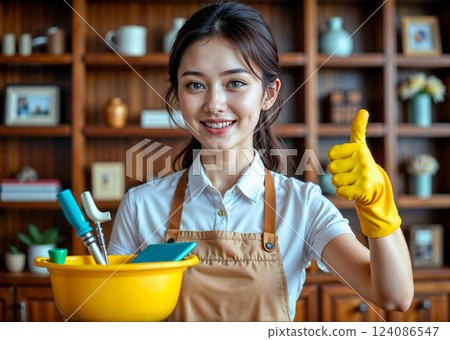 A woman in a yellow apron is holding a yellow bucket and thumbs up 124086547