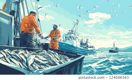 Two fishermen in orange gear transfer freshly caught fish onto a boat while seagulls fly overhead in bright blue waters. Two fishermen in orange gear transfer freshly caught fish onto a boat while seagulls fly overhead in bright blue waters. 124086563