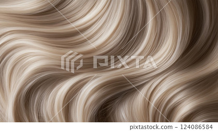 Waves of soft golden hair flow elegantly, illuminated by natural light, showcasing texture and shine. 124086584