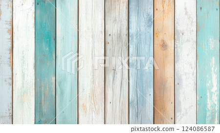Weathered wooden planks in pastel blue, white, and beige tones arranged vertically, creating a rustic and vintage background for interior and design projects. Weathered wooden planks in pastel blue, white, and beige tones arranged vertically, creating a rustic and vintage background for interior and design projects. 124086587