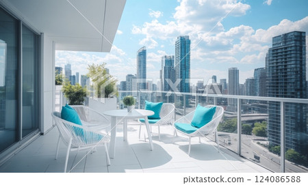 The balcony features stylish white furniture with turquoise cushions, providing a relaxing space to enjoy panoramic views of a bustling cityscape under clear blue skies. 124086588