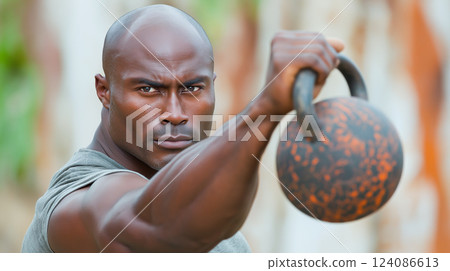 Strongman lifting kettlebell in outdoor training session near trees 124086613